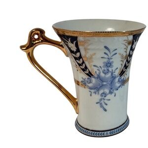 Sorelle Fine Porcelain Mugs Blue Floral Gold Trim Hand Crafted Set of‎ 2